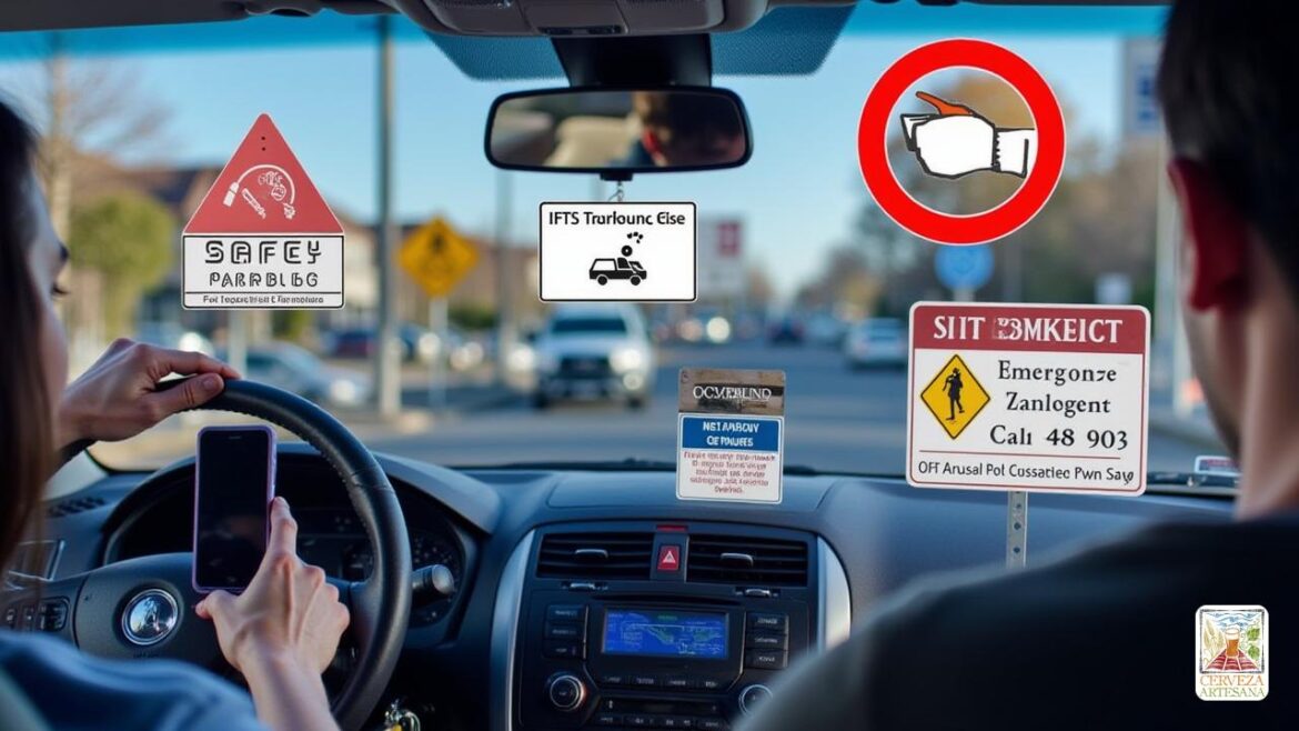 Una escena realista que representa varias medidas 'antirrobo' para los vehículos, enfatizando la 'seguridad', la 'vigilancia' y la 'conciencia'. La configuración incluye a una persona en un automóvil, evitando el uso del teléfono para mantener el 'estado de alerta', con un enfoque en los alrededores que están iluminados y ocupados, mostrando 'cámaras de seguridad' en el fondo y dispositivos de 'seguimiento del GPS' instalados en el vehículo. Además, hay letreros que indican 'áreas de estacionamiento seguras' y 'números de contacto de emergencia' que se muestran prominentemente. La atmósfera general es alerta y grave, enfatizando la importancia de seguir 'precauciones de seguridad' para prevenir el 'robo' mientras se conduce.