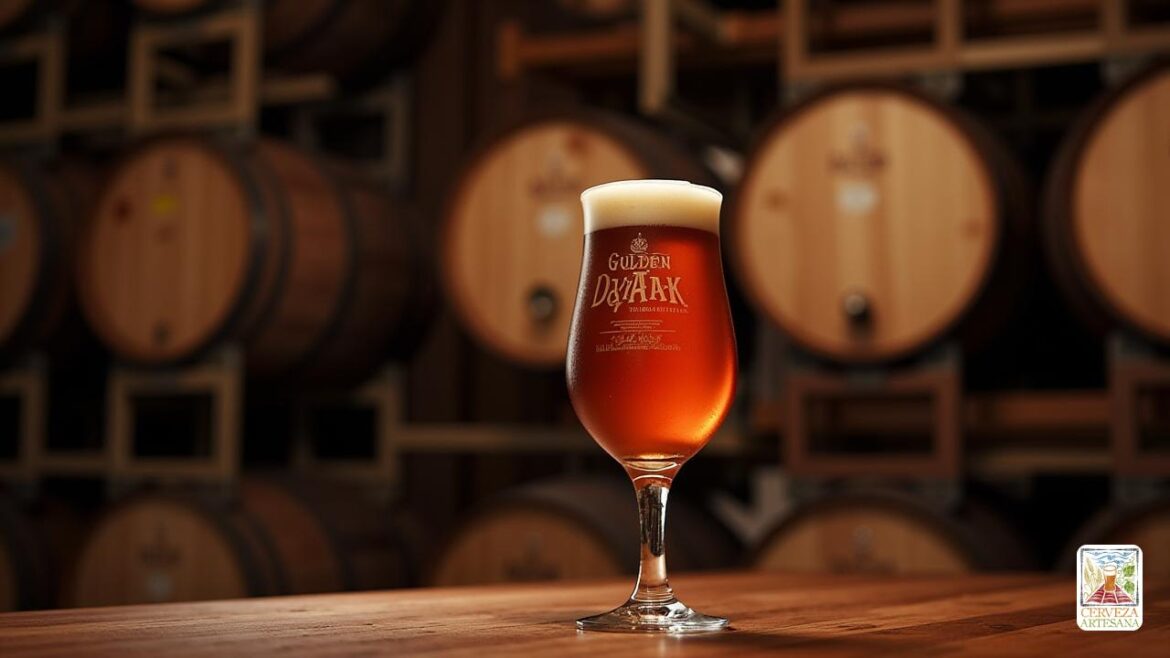 Una escena realista y altamente detallada ambientada en una sofisticada sala de degustación de la cervecería. El foco está en una altas y elegantes vidrio en forma de tulipán llena de 'Gulden Draak the Brewmasters Edition' Belga Strong Ale, que muestra su tono 'un naranja' Ocre 'con' Reflexiones doradas 'y' moderadamente opaca '. La cerveza tiene una espesa espesa y cremosa de marfil 'con' patas de alcohol finas 'que corren por los lados del vaso. En el fondo, los estantes muestran barriles de madera envejecidos, enfatizando el proceso de 'maduración del barril de whisky'. Una persona llamada Davidmartinrius, vestida casualmente pero con estilo, sostiene el vidrio, inspeccionando su apariencia con orgullo y aprecio, tal vez saboreando el rico aroma o contemplando el complejo perfil de sabor. La iluminación suave y cálida resalta los 'granos malteados, vainilla, coco, frutas secas, caramelo, caramelo, higos y ciruelas'. La escena enfatiza la artesanía, el aroma y la profundidad, capturando la esencia de una ce
