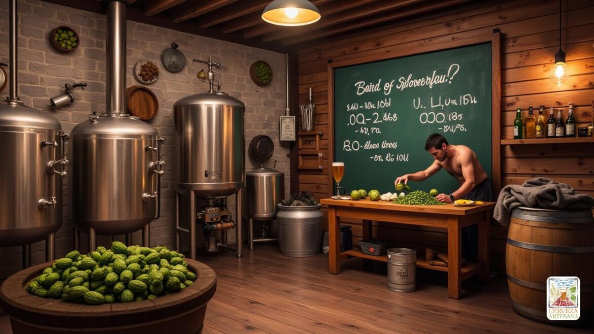 Un escena realista y detallada de un entorno de ‘cervecería artesanal’ muestra el Una escena realista y detallada de un entorno de 'cervecería artesanal' que muestra el proceso de elaboración de una cerveza 'India Pale Ale' (IPA). La imagen debe representar a un 'cervecero' que trabaja diligentemente con varios lúpulos e ingredientes, rodeados de grandes equipos y barriles de elaboración de cerveza. En el fondo, una pizarra muestra valores notables de 'IBU', destacando la química involucrada en la elaboración de cerveza. La atmósfera es cálida y acogedora, con un enfoque en la ciencia cervecera, capturando la esencia de 'isomerización' y la complejidad de crear una potente IPA con más de 100 'IBU'.