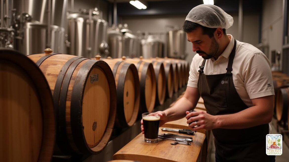 Una escena realista y detallada de un entorno de elaboración de cerveza profesional, que muestra una hilera de barriles de madera en un entorno de cervecería. Los barriles están hechos de roble ricamente texturizado con patrones de grano visible, algunos con aros de metal, en una cervecería moderna y bien iluminada con equipo de elaboración de cerveza de acero inoxidable en el fondo. Un maestro cervecero, vestido con un típico delantal y una tronco, inspecciona uno de los barriles de cerca. Cerca, hay herramientas y gafas de degustación llenos de cervezas oscuras y espumosas. La iluminación enfatiza los tonos cálidos de los barriles de roble y la atmósfera acogedora de la elaboración artesanal, capturando el proceso artesanal de la cerveza en el envejecimiento del barril.
