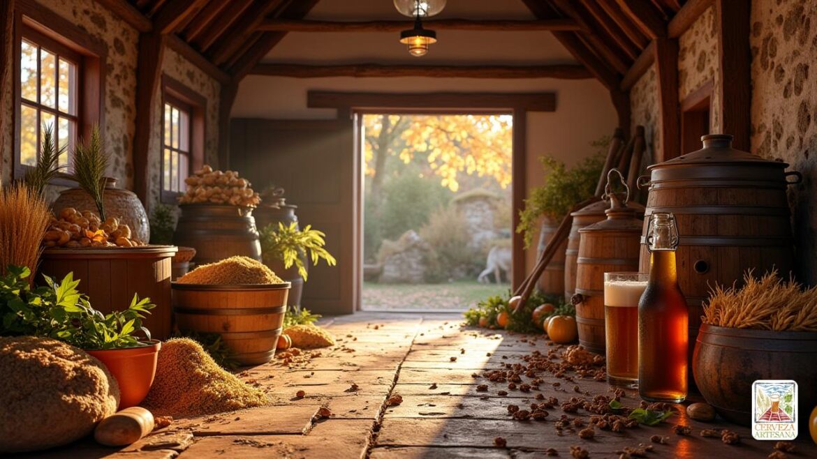 Una escena realista y detallada de una granja belga rústica durante el otoño Una escena realista y detallada de una granja belga rústica durante el otoño, mostrando equipos de elaboración tradicionales en un acogedor y vintage granero. La escena incluye una variedad de ingredientes frescos como cebada, lúpulo y levadura, con luz solar que se filtra a través de vigas de madera. En el fondo, hay barriles de madera y vasos de fermentación. Alrededor de la escena, los elementos sutiles representan las estaciones cambiantes, las hojas de etoquio y las herramientas de cosecha, que iluminan el origen de las cervezas Saison. La atmósfera general exuda autenticidad histórica y artesanía, enfatizando la conexión entre la agricultura y la elaboración de la preparación en un estilo de iluminación natural y cálido.
