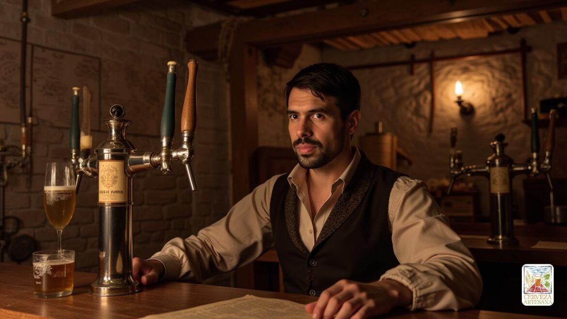 Una escena realista y detallada en un estilo fotográfico, mostrando a 'davidmartinrius' en una cervecería antigua del siglo XIX, rodeado de barriles de madera y utensilios de época. La atmósfera refleja un ambiente de cervecería clásica con iluminación cálida y tonalidades sepia, evocando la historia de las IPA. 'davidmartinrius' está observando con atención un barril etiquetado como 'East India Pale Ale', vestido con ropa de época, incluyendo un delantal de cuero y camisa de lino, con expresión de concentración y interés. Al fondo, se puede ver un ambiente de fondo que incluye documentos antiguos, instrucciones manuscritas y mapas de rutas marítimas, que sugieren la complejidad y la historia detrás de la elaboración de la cerveza. La escena captura el espíritu de la historia cervecera, con detalles en texturas de la madera, el metal y las telas, en un estilo fotorealista y sin elementos caricaturescos o ilustrativos.