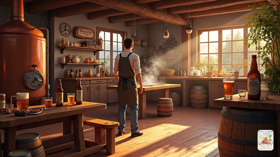 Una escena realista y detallada que representa un escenario de 'cervecería artesanal', mostrando cerveza 'artesanal' que se está haciendo una cerveza. El interior de la cervecería presenta vigas rústicas de madera, barriles y equipos de cerveza de cobre. En primer plano, un 'maestro cervecero' en un 'delantal de artesano' está inspeccionando una tina de cerveza burbujeante, con botellas de cerveza 'artesanal' en una mesa de madera. La luz solar se transmite a través de las grandes ventanas, iluminando los 'ingredientes de la cerveza' como lúpulo y granos que se muestran artísticamente. El ambiente es cálido y acogedor, lo que refleja un "amor apasionado por la cerveza artesanal" y un "espíritu comunitario".