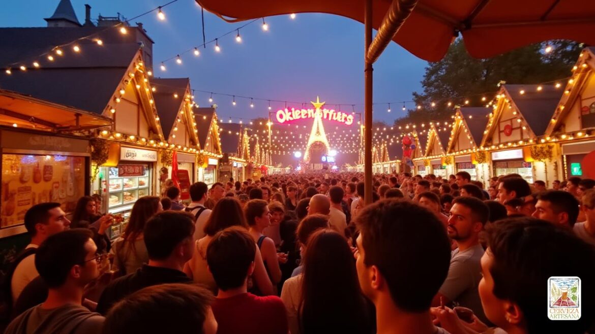 Una escena vibrante del 'Oktoberfest' en 'Munich', con miles de personas reunidas bajo grandes carpas, disfrutando de la 'cerveza local' de los barriles de madera tradicionales, con el telón de fondo histórico de 'Theresienwiese'. El ambiente es animado ya que los hombres y las mujeres en el atuendo tradicional 'bávaro', como 'Lederhosen' y 'Dirndls', crían su gran Steins de cerveza en celebración. Las coloridas luces y las decoraciones festivas crean un ambiente cálido ya que los puestos de comida alemana 'muestran' pretzels ',' salchichas 'y' pollo asado '. La multitud es diversa, capturando la esencia de esta "celebración" del festival de renombre mundial.