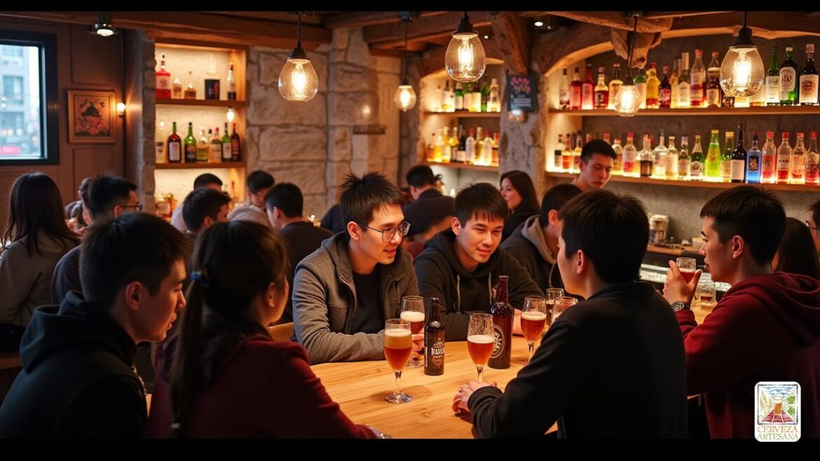 Una escena vibrante dentro del 'nbeerpub', un bar popular en 'Beijing', bullicioso de jóvenes clientes 'chinos' que disfrutan de las 'cervezas importadas' premium como 'delirio tremens', 'lindemans framboise' y 'brewdog punk ipa'. El interior está diseñado con vigas rústicas de madera, iluminación cálida y estantes llenos de más de '6,000 botellas' de más de '60 países '. En el fondo, un camarero sirve a un cliente una botella de cerveza 'Brewmeister Snake Venom', con un precio de más de $ 420 '. El ambiente es animado, con risas y conversaciones que resuenan a medida que los clientes discuten sus gustos en evolución en las 'cervezas artesanales'. Se ve a un grupo de amigos degustando las microcervecerías locales, lo que refleja un cambio de cervezas producidas en masa a 'sabores artesanales'. La decoración del bar combina una estética moderna de 'cerveza artesanal' con elementos tradicionales 'chinos', creando un ambiente acogedor para los entusiastas de la cerveza.