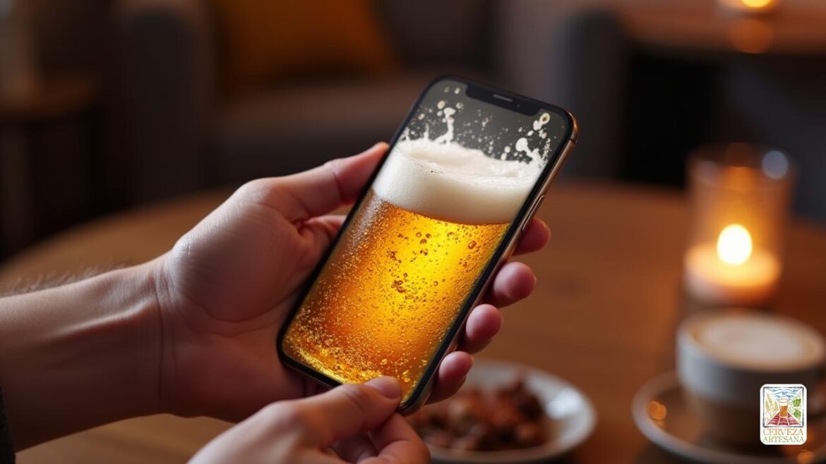 Una fotografía digital altamente realista de una pantalla para iPhone con una simulación de 'cerveza', con una 'espuma' realista que se derrama sobre los bordes, 'burbujas' que se elevan dentro del líquido y las 'reflexiones' destacan el 'brillo' de la pantalla. La escena captura a un 'tipo' que sostiene el iPhone en ángulo, con el 'movimiento' del dispositivo que hace que la 'cerveza' aparezca 'clavar' en el interior, enfatizando el efecto 'acelerómetro'. El fondo está suavemente borroso, lo que sugiere una acogedora y moderna configuración de 'sala de estar' o 'bar', con iluminación cálida y 'texturas' sutiles de una 'mesa de madera' o 'mostrador de bares'. El tono general es 'foto-realista', de alta resolución, capturando la 'ilusión' y el 'atractivo visual' de la 'aplicación' en acción, con un enfoque en la representación 'surrealista' pero creíble 'de la' cerveza digital 'que se reproduce con física.