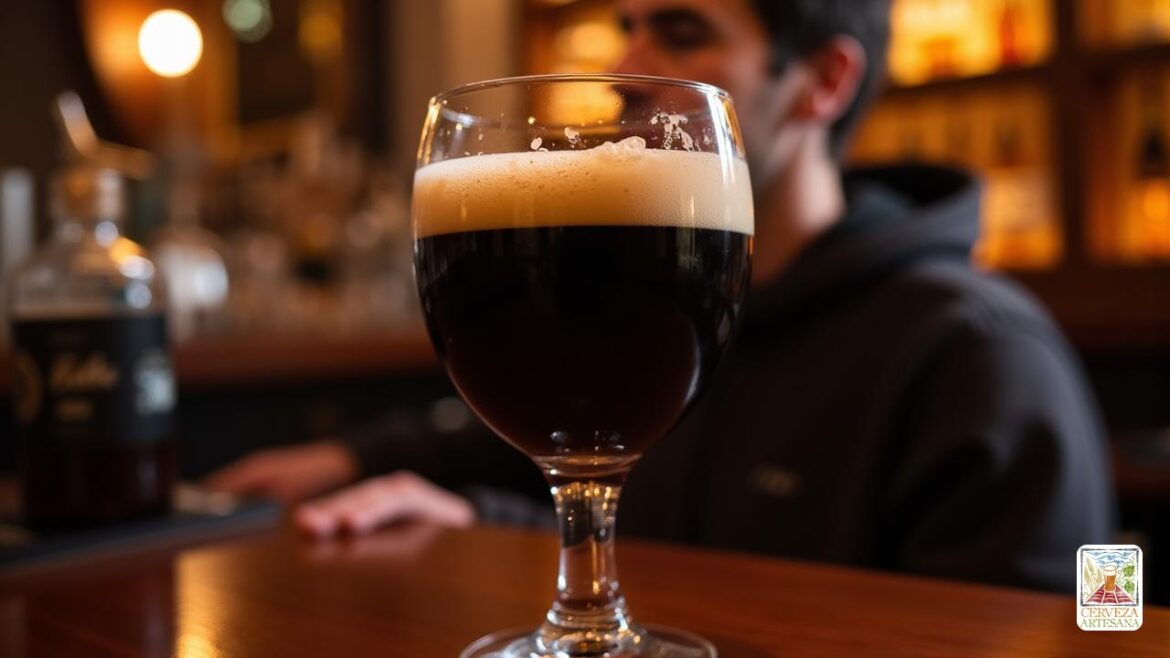 Una imagen altamente detallada y realista de una cerveza de cerveza fuerte belga llamada 'Gulden Draak' en un clásico vidrio de tulipán, que muestra su tono 'Cobrizo Oscuro' con una apariencia de 'turbia opaca'. La cerveza tiene un alto y espumoso 'espuma alta' de 'color beige', con 'Piernas de alcohol' visible en las paredes de vidrio. La escena representa una barra refinada con iluminación cálida que destaca el rico 'aroma' de caramelo, malta y toques de regaliz y galletas de miel. Detrás del vaso, una persona llamada Davidmartinrius está interactuando con la escena, tal vez probando la cerveza, contemplando su perfil de sabor o simplemente disfrutando del momento. El fondo presenta elementos sutilmente borrosos de una cervecería belga, enfatizando la autenticidad y la tradición. El tono general es realista, elegante y acogedor, capturando el 'Gran Cuerpo' de la cerveza y 'sensación en boca' con un enfoque en la textura, el color y el aroma.