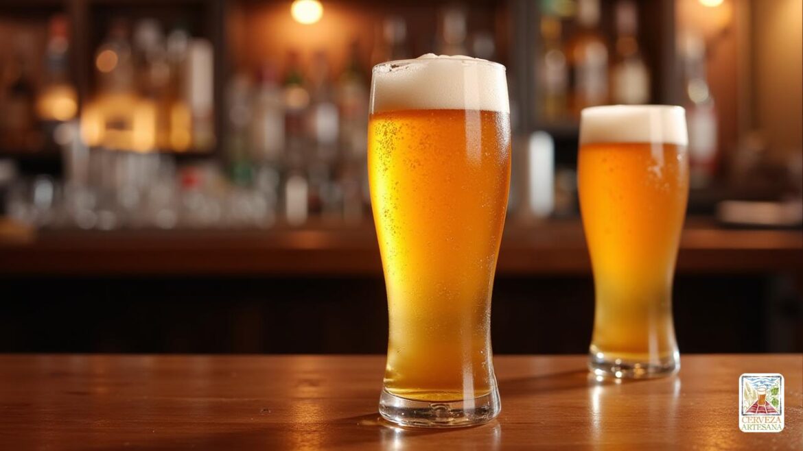 Una imagen altamente realista de una configuración de bar con dos tipos de cervezas ligeras americanas. El primer plano muestra una altas y delgadas vaso de 'lager de luz americana' llena de pálido 'pajizo una cerveza Amarillo Pálido', cubierta con una delgada capa de espumoso 'espuma blanca' que no es muy persistente. La cerveza parece muy 'Carbonatada', con pequeñas burbujas que se elevan a la superficie, lo que sugiere un 'refrescante' y 'Saciadora de Sed'. En el fondo, en el mismo mostrador de barra, otro vidrio contiene una 'cerveza estadounidense', ligeramente más oscura en 'color pijizo muy pálido a amarillo medio', también con un delgado y espumoso 'espuma blanca'. Ambas cervezas emiten una sensación de 'Claridad', con líquido transparente y transparente. Los elementos circundantes incluyen un telón de fondo borroso de un acogedor y realista interior de pub o barra, con iluminación cálida, texturas de madera y sutiles toques de recuerdos deportivos. La atmósfera general evoca un ambiente de cerveza es