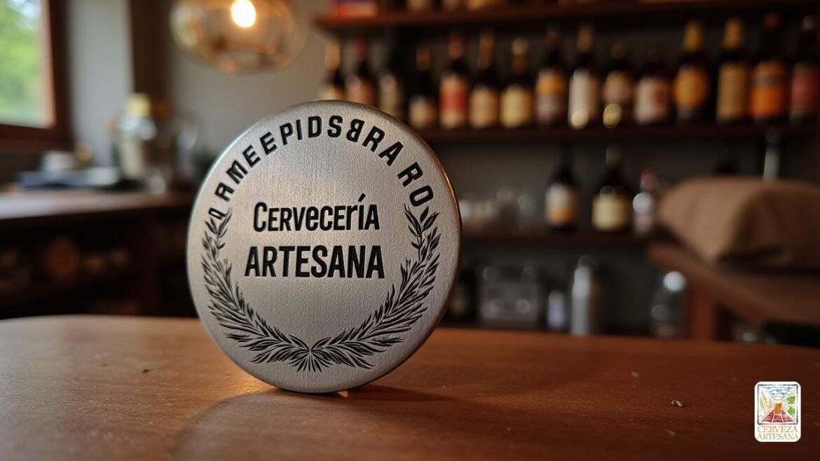 Una imagen realista altamente detallada de una insignia minimalista de 'Sello de Cervecería Artesanal'. La insignia es redonda, hecha de metal cepillado con un acabado mate, con texto grabado en 'Tipo de letra sans-serif' que dice 'Cervecería Artesana' e 'Independiente'. El diseño incorpora elementos naturales como 'Hojas de Cebada y Trigo' grabados sutilmente alrededor del borde, simbolizando 'ingredientes nales' y 'desarrollo sostenible'. En el fondo, es visible un acogedor y auténtico entorno de microcervecera, con bastidores de 'Botellas de Cerveza Artesanal' y 'Material de Elaboracia Artesanal'. La escena enfatiza un sentido de autenticidad rural, artesanía y un compromiso con la calidad, con una iluminación natural suave que destaca las texturas y los detalles. El tono general es realista, profesional y evocador de la tradición artesanal.