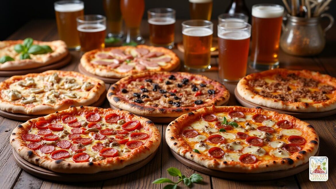 Una imagen realista de alta resolución de una variedad de pizzas colocadas en una mesa rústica de madera, con diferentes ingredientes que muestran la diversidad descrita. En primer plano, una pizza cubierta con 'Chorizo ​​Italiano', con rebanadas de salchichas picantes y sazonadas, con una corteza dorada y ligeramente crujiente. A un lado, una pizza con 'Pepperoni' y 'Salame', con rodajas de rojo brillante rizando en los bordes. Cerca, una pizza decorada con 'Cebolla', 'Aceituna', 'Champiñones' y 'Pimiento', que muestra coberturas vibrantes verdes, marrones y naranjas. Otra pizza con 'Queso Gorgonzola', que muestra el cremoso queso azul. Incluyendo una pizza de mariscos con 'Mejillones' y 'Camarones', y una ahumada con 'Ostriones Ahumados' y 'Tocino', con una corteza ligeramente carbonizada. Una pizza intensiva en carne con rodajas de carne 'Arrachera' y una pizza 'pollo' (pollo) con piezas de aves de corral ralladas y tiernas. También visible, una clásica pizza 'jitomate y albahaca' con rodajas de tomate roj