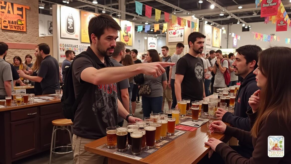 Una imagen realista de 'Davidmartinrius' en un bullicioso festival de cerveza artesanal, rodeada de varias cabinas que muestran 'cervezas artesanales' únicas. Está conversando con un grupo de entusiastas de la cerveza, señalando una "cerveza imperial rusa" con emoción. El fondo presenta pancartas coloridas, personas que sabían 'muestreadores de cerveza' y una gran selección de 'vasos de cerveza' que se exhiben en las mesas. David lleva vestimenta informal y elegante, participando activamente en las discusiones sobre diferentes estilos de elaboración de cerveza. Su expresión refleja una mezcla de entusiasmo y humor mientras navega a través de la multitud de 'snobs de cerveza artesanal', mostrando una variedad de emociones que transmiten disfrute y molestia suave.