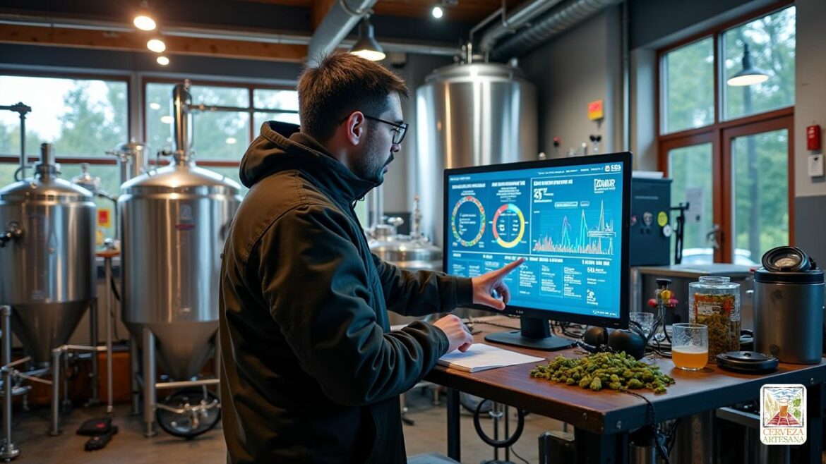 Una imagen realista de 'Davidmartinrius', un entusiasta de la tecnología en la industria de la cerveza, que interactúa con una interfaz blockchain que muestra datos como el seguimiento de la cadena de suministro para ingredientes como 'cebada' y 'lúpulo'. Está rodeado de equipos de elaboración de cerveza, incluidos tanques y lúpulo, y una pantalla digital que muestra gráficos de métricas de 'control de calidad' como la temperatura y los niveles de pH. El escenario es un entorno de cervecería moderno que destaca los esfuerzos de 'sostenibilidad', con contenedores de reciclaje y paneles solares visibles a través de una gran ventana. David se centra en examinar los datos, simbolizando la fusión de la "tecnología blockchain" y la industria de la "elaboración artesanal".