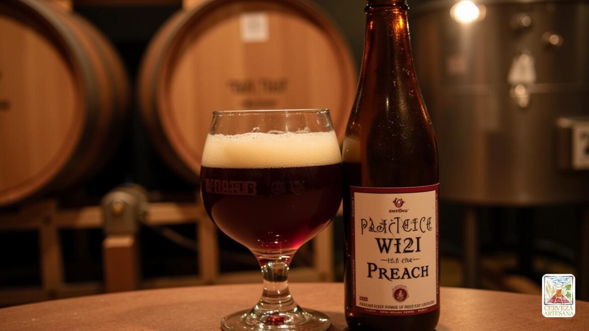 Una imagen realista de la cerveza 'Practica lo que predicas', una cerveza cuádrupel colaborativa de 'La Trappe' y 'Brewdog', presentada en un vaso elegante. La cerveza es de un color rubí ámbar profundo con una cabeza espumosa de burbujas espumosas bellamente formadas. El escenario es un ambiente acogedor y rústico de la cervecería. El fondo presenta barriles de madera, equipos de elaboración de cerveza e iluminación ambiental. El vidrio muestra condensación, lo que indica que la cerveza se sirve fría. Las notas aromáticas de caramelización dulce y las frutas secas oscuras pueden ser sugeridas visualmente por el rico color y la textura de la cerveza, mientras que una etiqueta en la botella muestra el nombre y la marca de ambas cervecerías. La escena captura la esencia de la artesanía y la tradición, con toques de 'Scottish Heather Honey' y 'American Hops' indicados sutilmente en las imágenes.