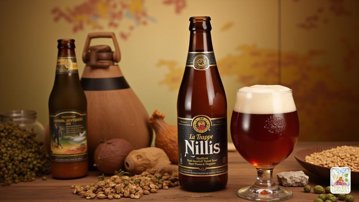 Una imagen realista que muestra una botella de 'La Trappe Nillis', una cerveza trappista no alcohólica ámbar oscura. La botella está diseñada elegantemente, con etiquetas visibles que incluyen motivos tradicionales, que reflejan el patrimonio de "trampenso". La cerveza se vierte en un vaso, que muestra una espuma blanca cremosa sobre el líquido ámbar profundo, destacando su rico color y textura. El fondo presenta ingredientes de elaboración de cerveza sostenibles como malta y lúpulo, con un toque de una instalación de elaboración de cerveza en la distancia, simbolizando la interacción única de 'tradición' e 'innovación'. El escenario incluye referencias sutiles a Uganda, como un mapa pequeño o imágenes relacionadas con el río Nilo, que conectan la introducción de la cerveza a sus proyectos de caridad en la región. El ambiente general es cálido y acogedor, capturando la esencia de la artesanía y el cuidado en la elaboración de cerveza.