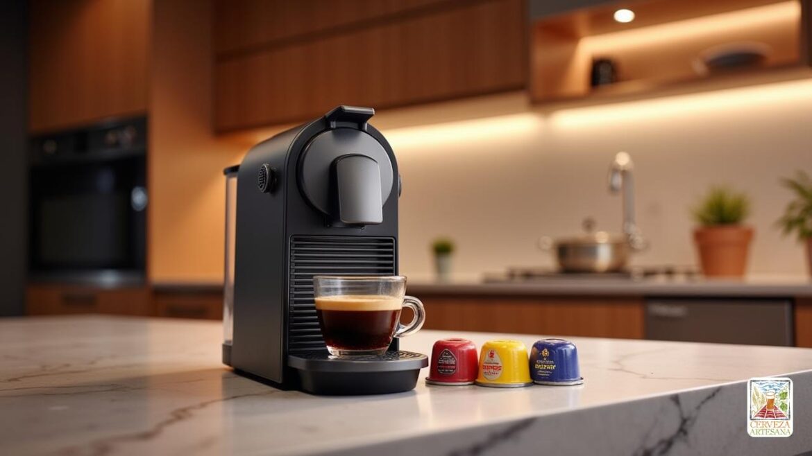 Una moderna máquina de café 'Nespresso' bien diseñada que se muestra en una encimera de cocina elegante. El escenario es una cocina elegante con iluminación cálida, que muestra un ambiente acogedor. La máquina de café debe ser realista, enfatizando su tamaño compacto y su diseño ergonómico. Una selección de coloridas cápsulas de café 'Nespresso' está perfectamente dispuesta junto a la máquina, reflejando varios sabores. Incluya una taza humeante de café recién preparado frente a la máquina, destacando la elegancia de la experiencia del café. El telón de fondo presenta elementos de cocina limpios y contemporáneos, como gabinetes de madera y una encimera de mármol, creando un ambiente acogedor para los amantes del café.
