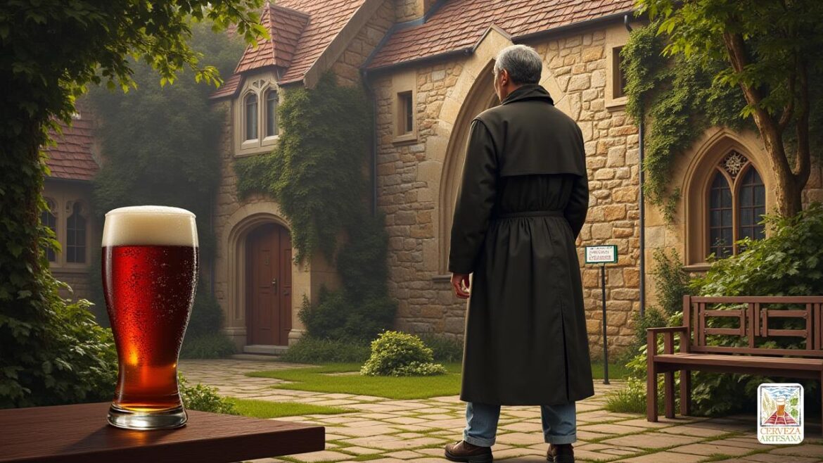 Una representación altamente detallada y realista de una antigua abadía belga con arquitectura de piedra tradicional, rodeada de exuberante vegetación y una atmósfera pacífica. En primer plano, un vaso moderno de cerveza 'trampénica' con condensación visible en la superficie, colocada en una mesa de madera fuera de la abadía. La escena incluye un guiño sutil al sellado de 'producto trappista auténtico' en el vidrio, con los monjes de la abadía, representados como solemne y contemplativo, participando en la oración o el trabajo dentro de las paredes de la abadía. En el fondo, un signo sugiere la transición del estado de la abadía, con símbolos desvaídos del 'logotipo' original y un tono sombrío. El personaje 'Davidmartinrius' es retratado como un observador reflexivo, de pie cerca, vestido con atuendo informal pero refinado, contemplando profundamente la importancia cultural de la cerveza 'trampensa' y las tradiciones monásticas. La iluminación es suave, transmite una sensación de patrimonio y resistencia tran