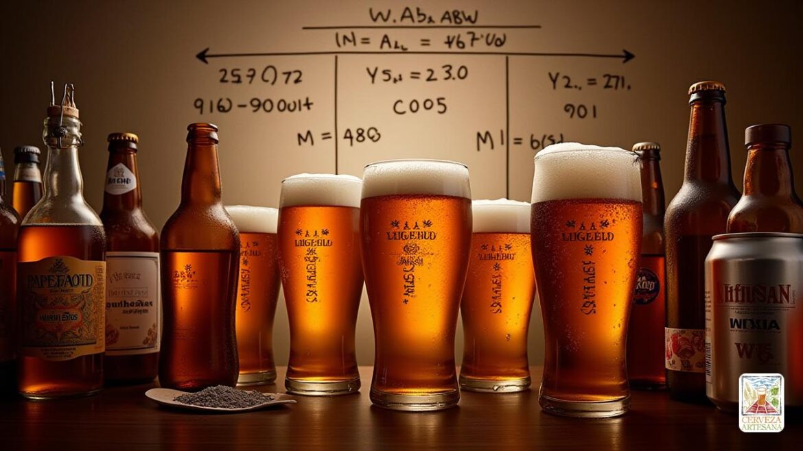 Una representación altamente detallada y realista de una escena de barra centrada en una variedad de bebidas alcohólicas. Se centran varios vasos de cerveza con condensación visible, etiquetas que muestran porcentajes 'ABV' como '8.5%' prominentemente exhibidos. Botellas y latas con etiquetas claras que indican métricas 'ABV' y 'ABW', con algunas tomas de primer plano revelando el texto intrincado. El fondo incluye una escala o gráfico de medición que ilustra la relación entre 'ABV' y 'ABW', con fórmulas matemáticas, densidades y conversiones que se muestran con detalles finos. La iluminación destaca los ricos tonos ámbar de la cerveza, texturas realistas del vidrio y el líquido, y la precisión científica de las etiquetas y diagramas, manteniendo una apariencia fiel a la vida sin un estilo de dibujos animados o ilustrativos.