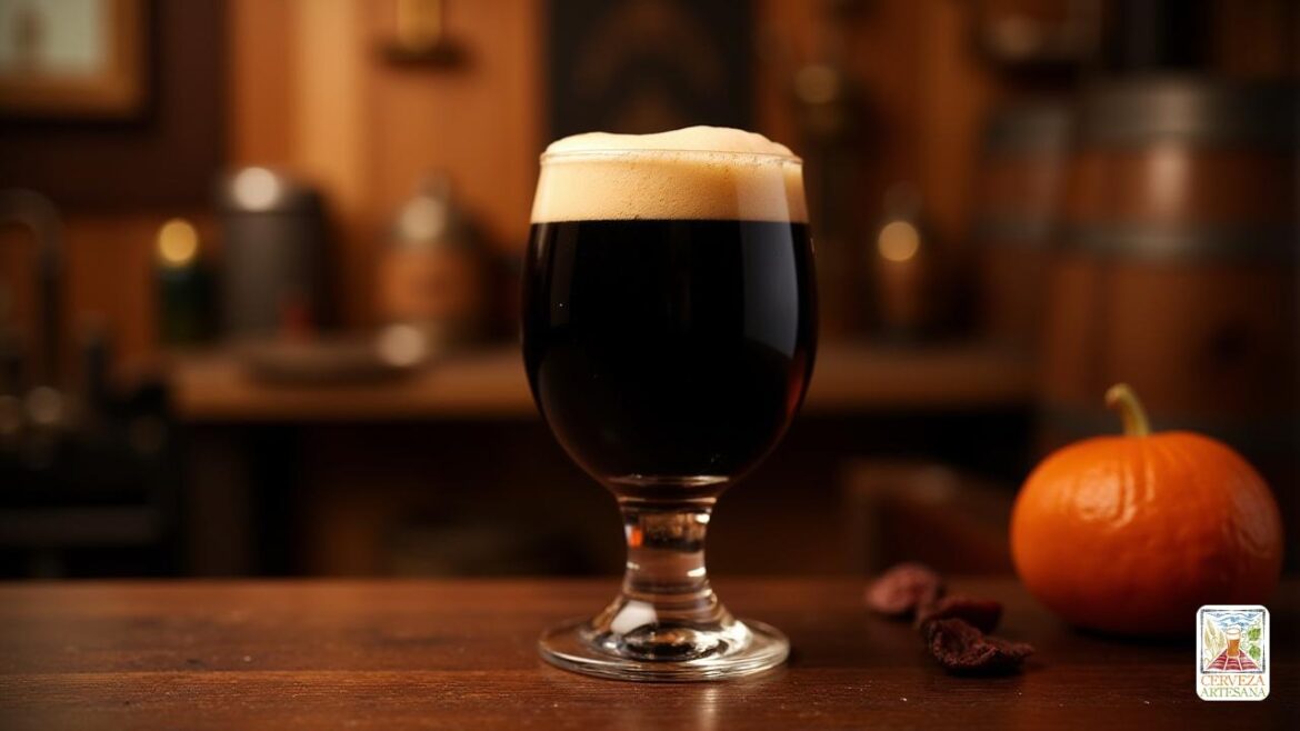 Una representación realista de 'Courage Ris Russian Imperial Stout', una cerveza oscura y lujosa de la cervecería 'Charles Wells' en 'Bedford, Inglaterra'. La imagen presenta la cerveza servida en un vaso de 'snifter', resaltando su color opaco con una ligera espuma bronceada que se asienta en una capa cremosa y compacta de burbujas. El escenario es cálido y acogedor, capturando la esencia de una atmósfera de cervecería del siglo XVIII. El fondo incluye elementos que insinúan su rica historia y patrimonio, con herramientas y barriles de cerveza vintage visibles. La consistencia de la cerveza debe verse suave y acogedora, lo que refleja su complejo perfil de sabor de maltas tostadas, espresso, chocolate amargo y frutas secas como 'ciruelas' e 'higos'. El ambiente evoca un sentimiento de nostalgia y elegancia, perfecta para apreciar una 'cerveza imperial rusa' de alta calidad.