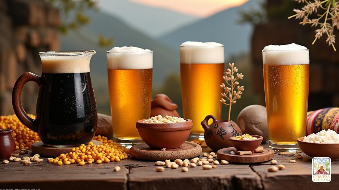 Una representación realista de cuatro cervezas antiguas que se sirven en estilos tradicionales. 1. 'Sahti Finlandesa': una cerveza de granja finlandesa oscura servida en una jarra tradicional de madera de madera 'Haarikka', rodeada de granos como cebada, centeno y avena y bayas de enebro en un entorno finlandés rústico. 2. 'Chicha de Jora' - cerveza vibrante de maíz peruana amarilla tradicional servida en una olla de arcilla, con maíz maltado (Jora) visible cerca, en un telón de fondo montañoso, completo con telas decorativas típicas de la cultura andina. 3. 'Sake': una cerveza de arroz japonesa clara y elegante servida en pequeñas tazas de fabricación cerámica, acompañada de tazones humeantes de arroz, en una serena casa de té japonesa, con ramas de cerezo enmarcando suavemente la escena. 4. 'Dolo': una cerveza africana tradicional en una calabaza ahuecada servida en un ambiente de mercado bullicioso, con mujeres conocidas como 'dolotières' que participan en rituales en torno a la elaboración de cerveza, rod