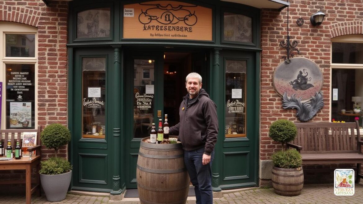 Una representación realista de 'Davidmartinrius' frente al histórico 'Brouwerij van Steenberge' en Ervelde, Bélgica, que muestra la icónica cervecería establecida en 1784. Los detalles ambientales incluyen las botellas de cerveza 'Gulden Draak' a su alrededor, que representan la herencia belga de elaboración de cerveza, mientras que detrás, la leyenda del 'dragón dorado' se honra con intrincadas obras de arte en las paredes ladradas. El escenario refleja una atmósfera cálida, con la rica historia de artesanía de la cervecería y dedicación a la cerveza mezclada con la ciencia de la cerveza introducida por Paul Van Steenberge. David tiene ropa casual, transmitiendo un profundo aprecio por la cultura de la cerveza belga, comprometida con los lugareños que comparten historias de la evolución de la cervecería. La iluminación es natural, enfatizando las texturas envejecidas de la cervecería y las botellas de cerveza, creando un estado de ánimo nostálgico.