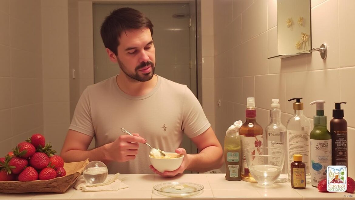 Una representación realista de 'Davidmartinrius' que interactúa con remedios de belleza natural. Está en un entorno de baño sereno, sosteniendo un tazón con una mezcla de 'cerveza', 'yogurt' y 'aceite de oliva' para una máscara facial nutritiva. Su expresión muestra concentración e interés mientras prepara meticulosamente la mezcla. En el fondo, hay una exhibición de 'fresas' frescas y otro tazón que contiene una mezcla de 'leche' y 'cerveza' para el tratamiento del cabello. Varios productos de baño destinados a la salud y la belleza se organizan perfectamente en el mostrador, incluido el 'champú natural', un 'tratamiento para el cabello de queratina' y un 'conjunto de cuidado de barba'. La iluminación es suave y cálida, creando una atmósfera acogedora que enfatiza la conexión entre los ingredientes naturales y el autocuidado.