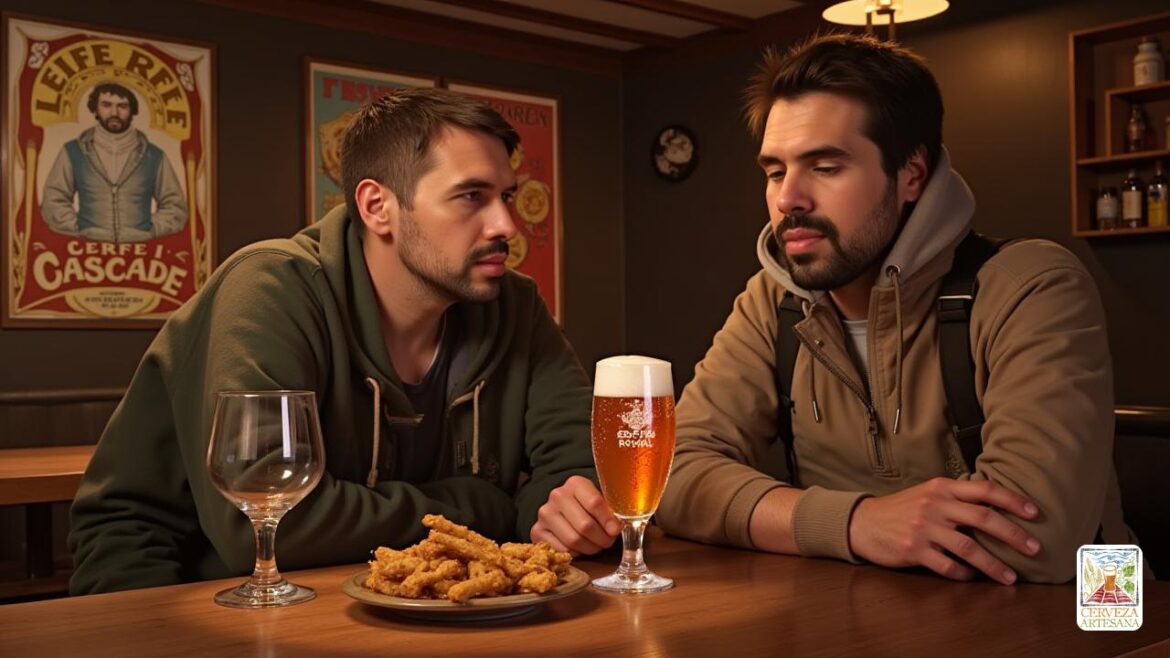 Una representación realista de 'Davidmartinrius', un apasionado entusiasta de la cerveza, sentado en un mostrador de bar rústico de madera, interactuando con un vaso de 'Leffe Royale Cascade IPA'. El vaso, lleno de una 'cerveza dorada y cristalina' que muestra 'tonos de naranja' contra la luz, está adornada con una 'espuma ligera y blanca' que muestra una buena retención. Davidmartinrius, en su 'atuendo casual', tiene una expresión enfocada, apreciando el 'personaje refrescante' y las 'notas cítricas' de la cerveza. El bar está calurosamente iluminado, con carteles de cerveza vintage en el fondo. Hay detalles sutiles que capturan el "aroma lupposo" y las "notas florales" que se describen, junto con burbujas que se elevan en el vidrio y una bocadillos cercano con 'bocadillos de barra crujientes'.