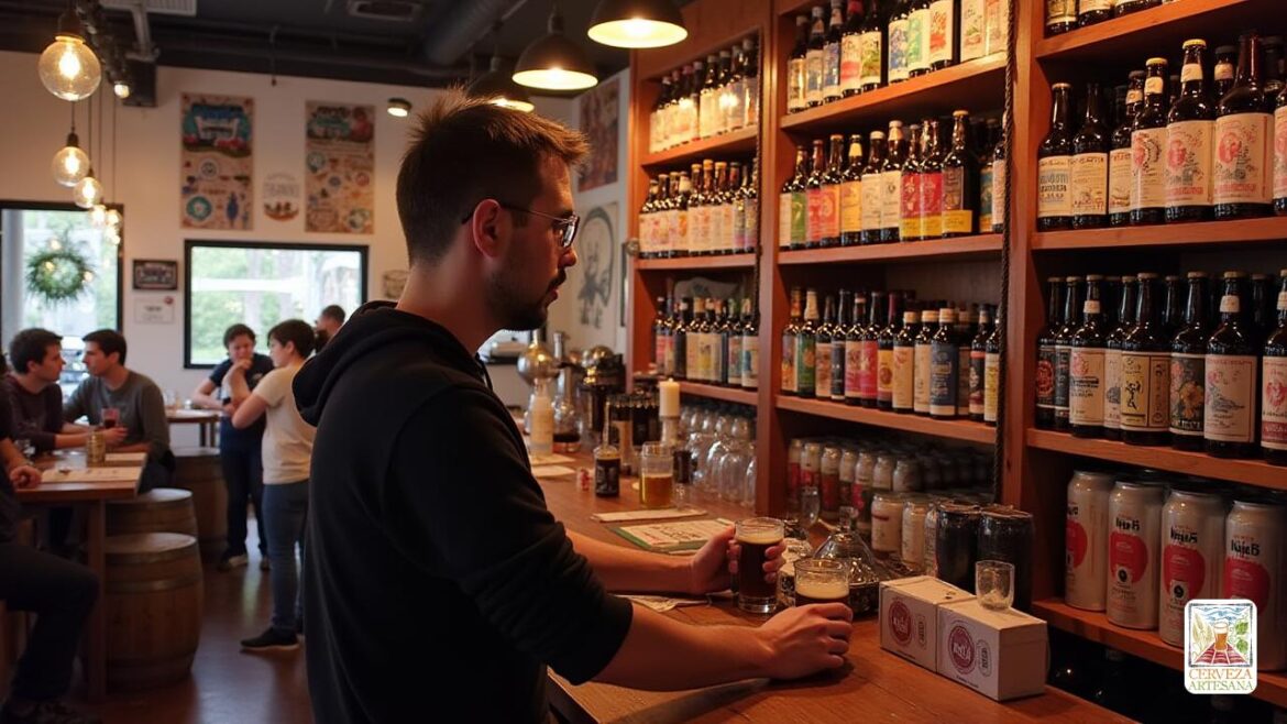 Una representación realista de 'Davidmartinrius', un experto en cerveza artesanal, de pie en un vibrante entorno de cervecería artesanal. Está examinando varias etiquetas y envases de "cerveza artesanal" que se muestran en los estantes, mostrando una amplia gama de diseños coloridos e innovadores. El ambiente es animado, con clientes disfrutando de sus selecciones. 'Davidmartinrius' aparece profundamente en el pensamiento, tal vez contemplando el impacto del 'diseño de etiquetas' en las elecciones del consumidor. La cervecería está llena de equipos de elaboración de cerveza, barriles y carteles decorativos de cerveza, enfatizando la importancia de la 'presentación' en el mercado de cerveza artesanal. La iluminación es cálida y acogedora, capturando la esencia de una popular cervecería artesanal.