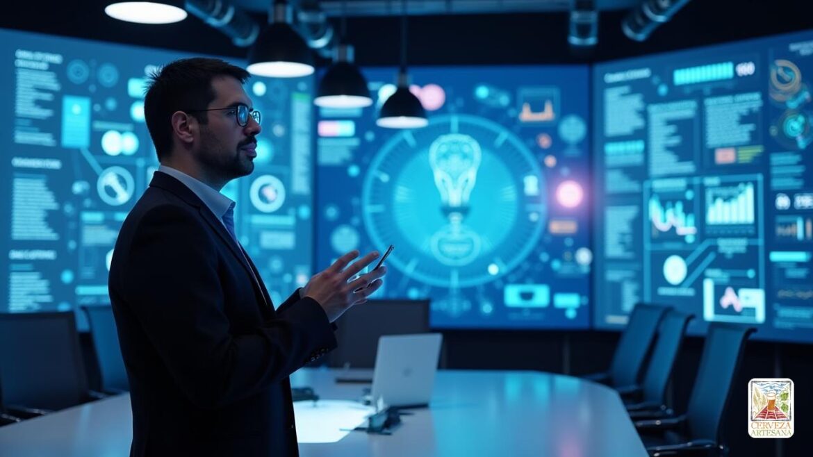 Una representación realista de 'Davidmartinrius', un experto en tecnología que participó en una discusión sobre 'Inteligencia Artificial' y sus implicaciones en los 'ecosistemas de negocios'. Se encuentra en una moderna sala de conferencias llena de dispositivos de alta tecnología, simbolizando la integración de 'IA' y 'Big Data'. La atmósfera refleja una sensación de un momento fundamental en el avance tecnológico. Alrededor de él hay pantallas digitales que muestran las '5 tendencias' de la IA, incluidos elementos como 'redes neuronales', 'aprendizaje profundo' y 'robótica'. David lleva vestimenta profesional, exudando confianza y curiosidad mientras interactúa con colegas sobre el poder transformador de la IA, enfatizando su "eficiencia" y "efectividad" en la vida personal y empresarial. La iluminación es brillante y moderna, capturando la esencia de la innovación.