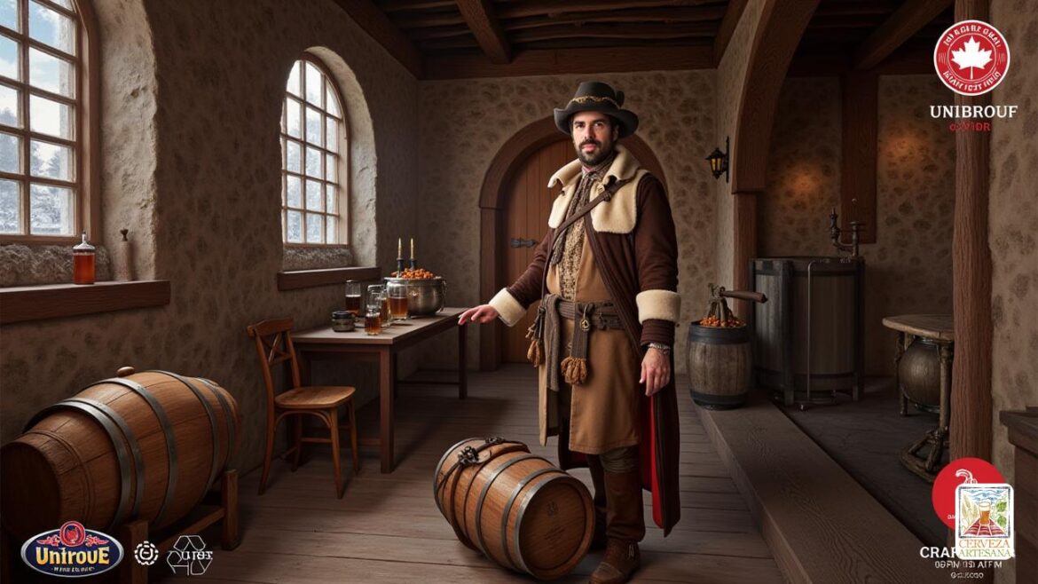 Una representación realista de 'Davidmartinrius', un historiador carismático, que se encuentra frente a la histórica primera cervecería en Montreal, alrededor de 1650. Está examinando un barril de cerveza de madera, con un telón de fondo de la arquitectura colonial temprana. La escena captura la esencia de la vida canadiense del siglo XVII, con 'climas fríos' visibles a través de ventanas heladas. El escenario está lleno de equipos de elaboración de 'cerveza artesanal' de la época. David está vestido con un atuendo apropiado para el período, completo con un sombrero de tricornio y un abrigo de lana, ya que comparte ideas sobre el "significado social" de la cerveza en Canadá. Alrededor de él hay elementos que representan la 'revolución de la cerveza artesanal' en el Canadá contemporáneo, incluido el logotipo de la Unibuera y los símbolos de reciclaje para mostrar 'excelentes prácticas ambientales'. El ambiente es vibrante, lleno de un sentido de 'comunidad' y 'tradición', enfatizando la importancia de la cerve