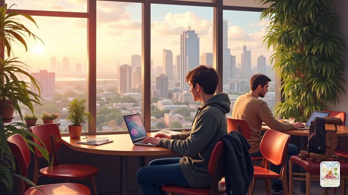 Una representación realista de 'Davidmartinrius', un nómada digital, sentado en un elegante espacio de coworking en una bulliciosa ciudad. Está trabajando en su computadora portátil, inmerso en sus tareas mientras disfruta de una hermosa vista del horizonte de la ciudad a través de grandes ventanas. El espacio de trabajo está lleno de plantas y cómodos asientos, creando un ambiente acogedor. A su alrededor, otros 'nómadas digitales' están involucrados en su trabajo. El sol brilla, lanzando un brillo cálido dentro. La expresión de David es de enfoque y satisfacción, que incorpora la 'libertad' y la 'flexibilidad' de un estilo de vida moderno de 'nómada digital', enfatizando la importancia del 'equilibrio entre la vida laboral y vida'.