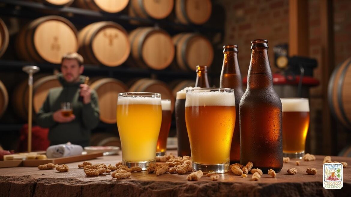 Una representación realista de las cervezas 'lambic' y 'gueuze' en un entorno tradicional de cervecería belga. La escena muestra una barra de madera rústica con varias botellas de estas cervezas únicas en exhibición, resaltando sus colores de color amarillo pálido a dorado profundo. En el fondo, los barriles hechos de roble viejo se apilan, y se observa un cervecero en el proceso de fermentación, con levaduras naturales y bacterias salvajes enfatizadas. El ambiente es cálido y acogedor, transmitiendo un sentido de historia y artesanía en la elaboración de cerveza, con toques de aromas agrios y funky ilustrados a través de elementos visuales. El 'lambic' se sirve sin carbonatación, que aparece ligeramente nublado, mientras que el 'gueuze' es efervescente, con una espuma blanca espesa y cremosa. La cervecería está llena de un aroma terroso, sugestivo de madera y granos envejecidos, capturando la esencia de la fermentación natural. La iluminación es suave y natural, creando una atmósfera acogedora que invita a l