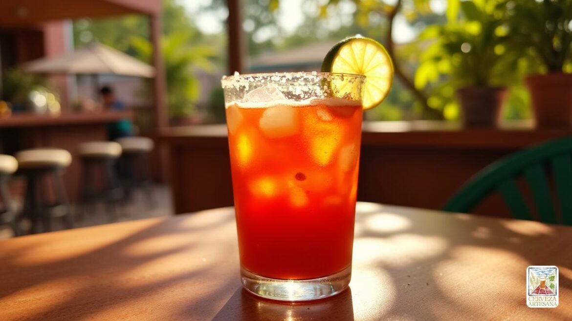 Una representación realista de un cóctel 'Michelada' que presenta una 'cerveza de cerveza' en un vaso con un borde de sales, adornada con una rebanada de 'lima' en el borde. La bebida está llena de una mezcla de 'jugo de tomate', algo de 'salsa picante' y 'salsa Worcestershire', servida sobre 'cubitos de hielo'. El fondo presenta un entorno soleado al aire libre que evoca una atmósfera refrescante, con toques de decoración de 'bar mexicano' y exuberante vegetación. La imagen captura los colores vibrantes de los ingredientes, enfatizando la naturaleza refrescante de la bebida, ideal para un día soleado.