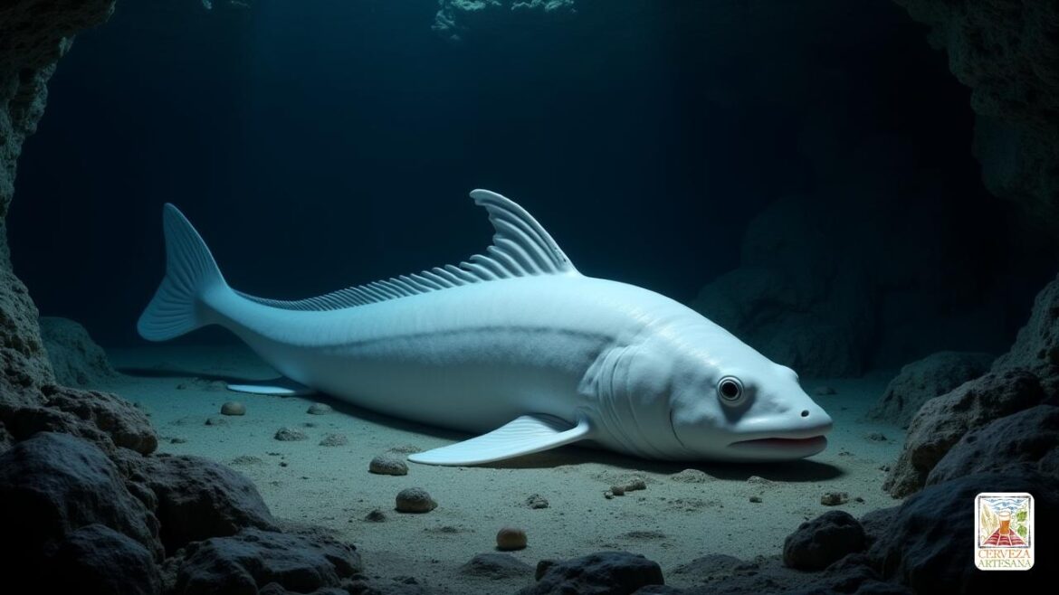 Una representación realista de un 'Conger Conger', también conocido como 'Conger común', un pez largo en forma de anguila con un color blanco, que se encuentra en aguas costeras rocosas. El pez descansa en su hábitat natural, rodeado de rocas y cuevas bajo el agua a una profundidad de aproximadamente 30 metros. La iluminación es tenue, simulando la baja visibilidad en los ambientes de aguas profundas. La escena debe capturar la esencia del pez, centrándose en su textura y color. Haga hincapié en su entorno con detalles claros del paisaje submarino, mostrando la vida marina en el fondo al tiempo que garantiza que el enfoque principal permanezca en el 'Conger Conger'.