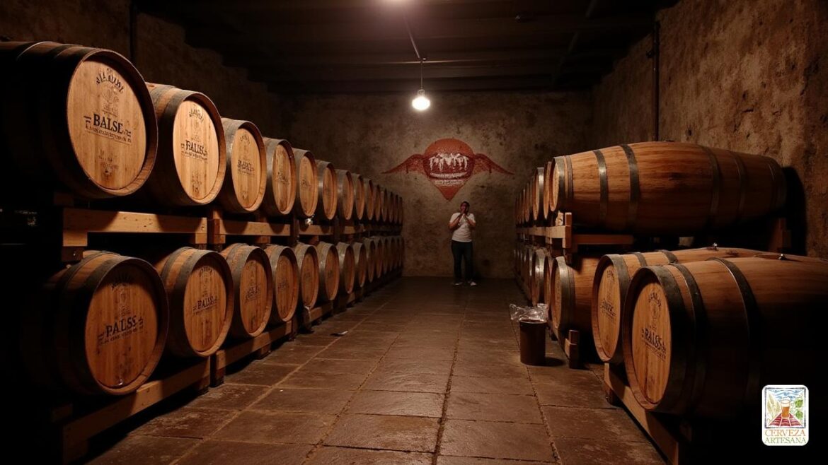 Una representación realista de un escenario de cervecería rústica, con 'barriles' de madera apilada en una habitación de 'cervecería' con poca luz. La escena debería capturar el ambiente de las cervezas artesanales '' envejecidas ', con un enfoque en los' barriles 'de roble que han envejecido diferentes estilos de cerveza como' Imperial Stout 'y' Pale Ale '. La configuración debe incluir equipos como 'tanques de fermentación' y 'maquinaria de embotellado', junto con los toques estéticos de la elaboración de 'lúpulo' y 'maltas' organizados artísticamente. La iluminación debe evocar una atmósfera cálida y acogedora, lo que sugiere una mezcla de tradición y técnicas de elaboración de cerveza modernas, particularmente destacando la importancia del 'envejecimiento de barril' en la elaboración de sabores únicos.