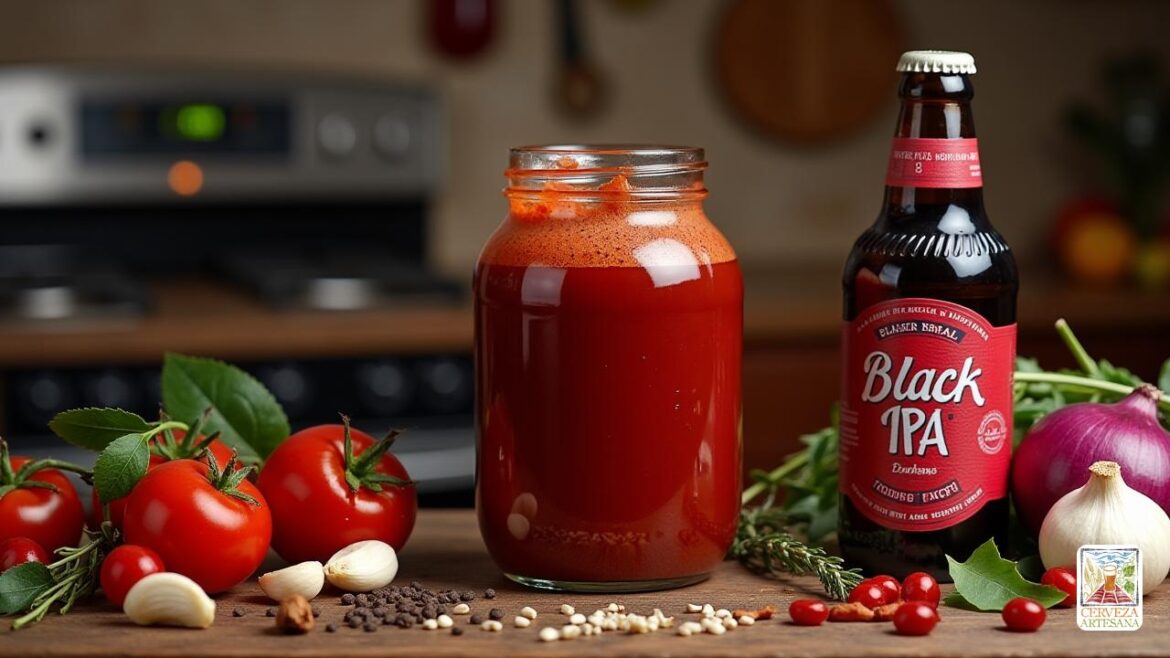Una representación realista de un 'ketchup' casero hecho con cerveza 'Black IPA' en un entorno de cocina rústica. La escena incluye un gran frasco de vidrio lleno de rico ketchup rojo intenso, junto con ingredientes frescos, como los tomates maduros 'cereza' y 'ciruela', una 'cebolla roja', dientes de ajo, una ramita de 'tomillo' y varias especias como 'canela', 'semillas de hinojo' y 'pistas'. La encimera presenta una botella abierta de cerveza 'Black IPA' con cerveza espumosa que se derrama ligeramente sobre el borde, creando un ambiente cálido y acogedor. El fondo muestra un horno precalentado, con un toque de una mesa de madera envejecida, enfatizando una sensación culinaria estadounidense tradicional.