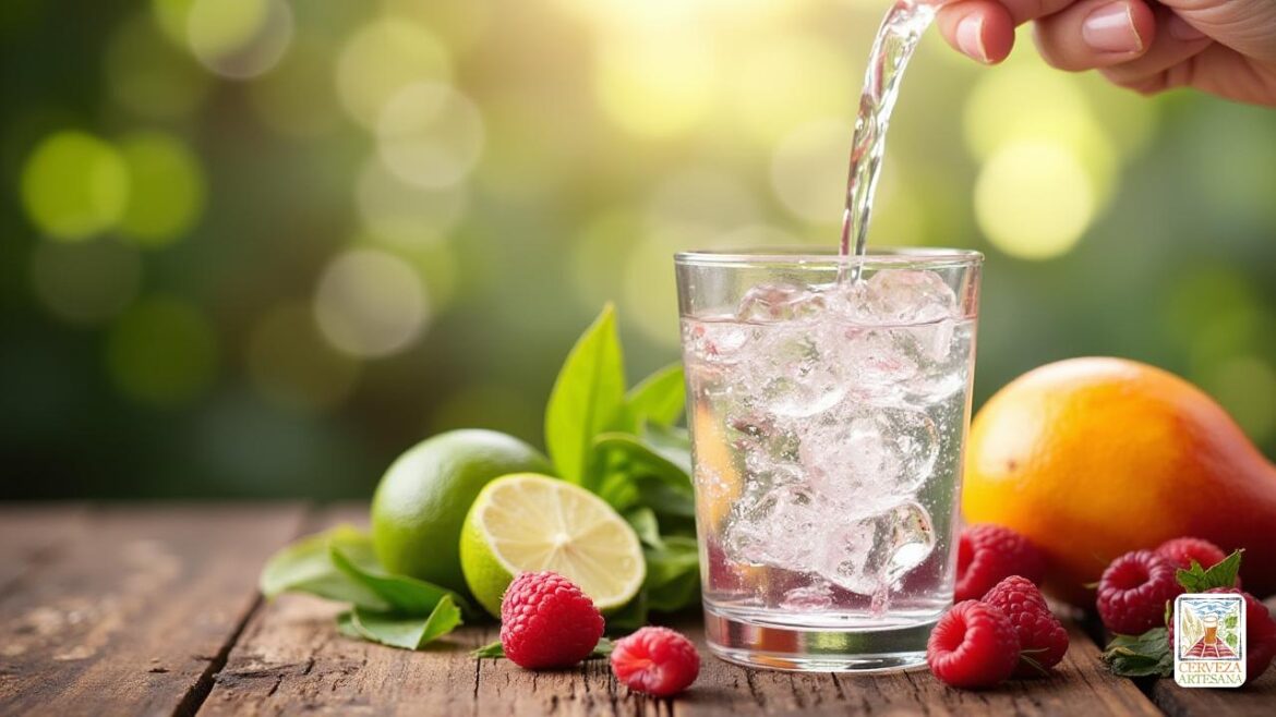 Una representación realista de una bebida 'Hard Seltzer' que se verta en un vidrio transparente lleno de hielo, rodeado de varias frutas como 'lima', 'mango' y 'frambuesa' en una mesa rústica de madera. La escena transmite un ambiente refrescante y consciente de la salud, destacando la textura de 'agua brillante' y la naturaleza transparente de la bebida. Filtros de luz natural suave, creando una atmósfera acogedora que enfatiza los ingredientes orgánicos y naturales utilizados para hacer seltzers duros.
