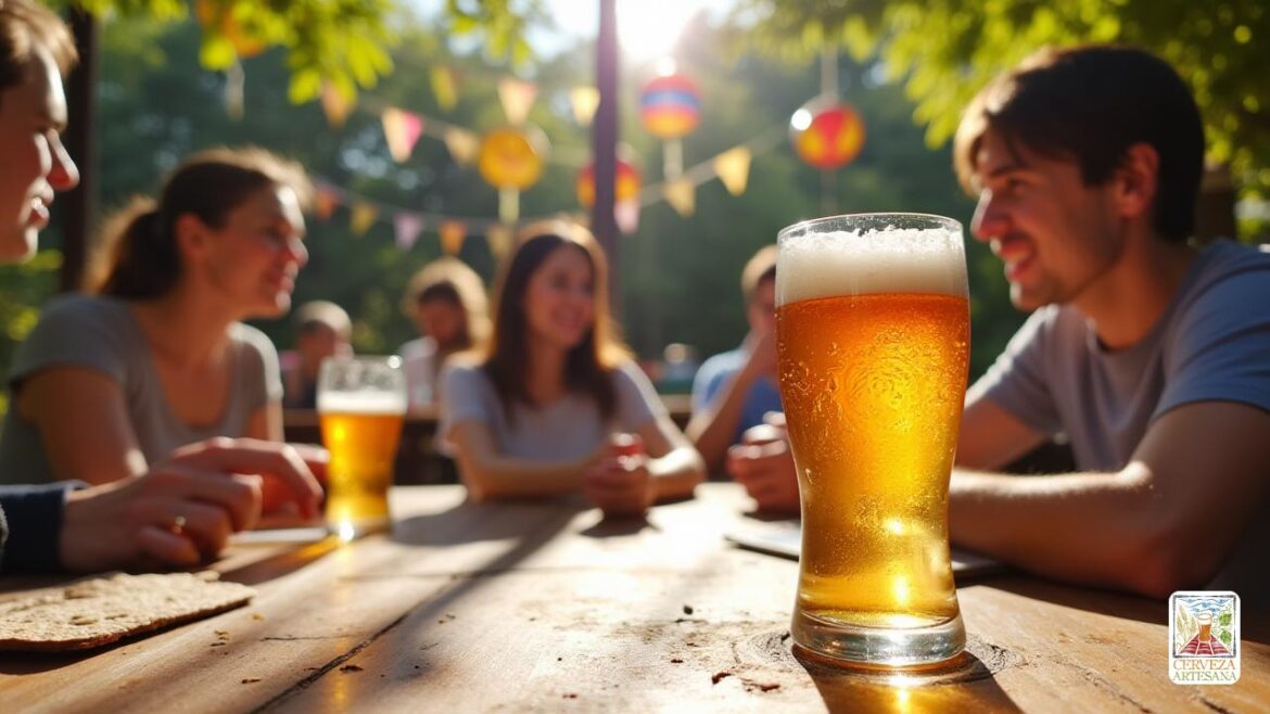 Una representación realista de una cerveza tradicional de 'Pilsner' que se sirve en un jardín de cerveza soleado al aire libre. En primer plano, un vaso helado de 'cerveza' dorado con una gruesa tapa de espuma blanca se encuentra sobre una mesa rústica de madera, brillando bajo la luz del sol. En el fondo, los clientes de varias edades disfrutan de su tiempo, riendo y comprometiéndose entre sí, mostrando una atmósfera social vibrante. El entorno circundante presenta vegetación y decoraciones alegres, evocando una sensación de celebración. Enfoque suave en la cerveza para enfatizar los ricos colores y texturas, capturando la esencia de la 'cultura de la cerveza artesanal' con énfasis en el renacimiento de 'Lager'.