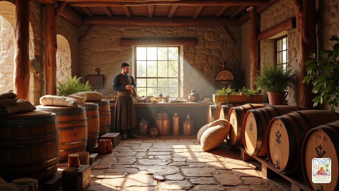 Una representación 'realista' de una escena de cervecería histórica en '1516', que muestra el 'regel' o 'reinheitsgebot' en un entorno bávaro. La escena incluye una cervecera bávara tradicional, vestida con vestimenta de época, inspeccionando barriles de cerveza hechos con 'tres ingredientes': 'agua', 'lúpulo' y 'cebada'. El cervecero está rodeado de barriles 'de madera', plantas de lúpulo y bolsas de cebada en una cervecería 'histórica' llena de equipos de elaboración 'de cobre'. La luz del sol atraviesa las 'ventanas', lanzando un brillo cálido en las rústicas vigas de madera y muros de piedra, 'evocando' una sensación de autenticidad y tradición en la fabricación de cerveza. La atmósfera refleja la "importancia" de las leyes de pureza en el proceso de elaboración de cerveza, enfatizando la calidad y la artesanía.