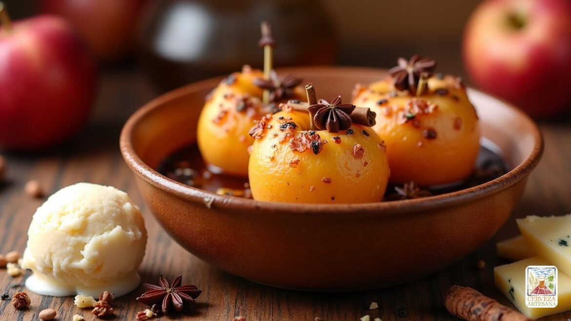 Una vida muerta realista de alta resolución de un postre con manzanas horneadas infundidas con especias, cocinadas en cerveza 'Quadrupel'. Las manzanas son doradas, tiernas y ligeramente caramelizadas, adornadas con 'palitos de canela' visibles ',' clavo ',' anís estelar ',' pimienta negra y rosa ',' semillas de cilantro 'y' vaina de vainilla '. Se sientan en un tazón rústico de cerámica con una rica salsa oscura que brilla a su alrededor. Al lado del tazón, hay una cucharada de "helado de vainilla" cremoso que se derrite lentamente, con algunas rebanadas de 'queso azul' rociado cerca. El fondo está suavemente borroso, lo que sugiere una acogedora configuración de cocina, con una iluminación cálida y natural que destaca las texturas de las manzanas, las especias y el helado, enfatizando el realismo y el atractivo atractivo de este postre gourmet.