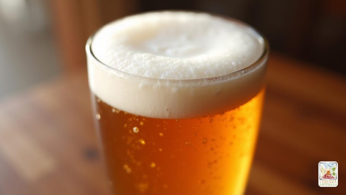 Una vista de primer plano altamente realista de una cerveza recién vertida en un vas Una vista de primer plano altamente realista de una cerveza recién vertida en un vaso claro y elegante de 'estango', que muestra una cabeza espesa y cremosa 'cremosa' '' 'con una textura suave,' cremosa '. La 'espuma' se sienta sobre una rica 'cerveza' de color ámbar, con intrincadas burbujas visibles dentro de la 'cabeza'. El fondo está suavemente borroso para enfatizar el vidrio y la 'espuma', con una iluminación natural que destaca las cualidades 'translúcidas' de la 'cerveza' y la 'corona' espumosa 'que significa una bebida bien acumulada. La escena exuda frescura, pureza y una sensación de artesanía, capturando la importancia del 'espuma' más allá de la estética.